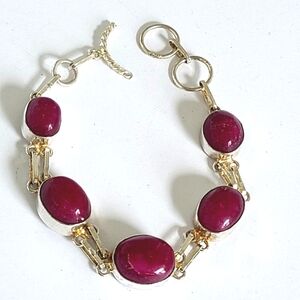 Vintage Boho Chunky Pink Raw Ruby Gemstone Sterling Silver Chain Bracelet